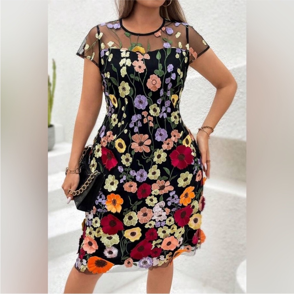 SHEIN Black Midi Dress with Multicolor Floral Embroidery